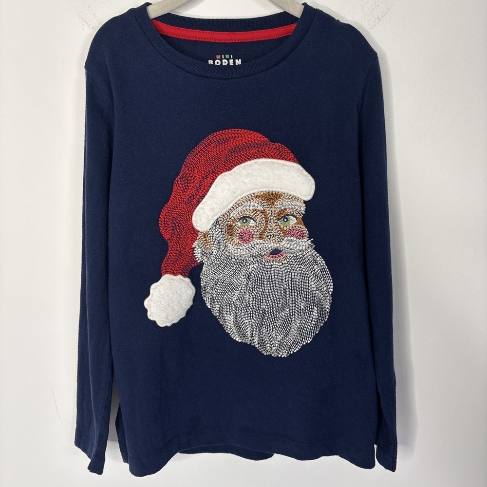 Mini Boden Santa Christmas Shirt 6/7 Long Sleeve Appliqué Holidays